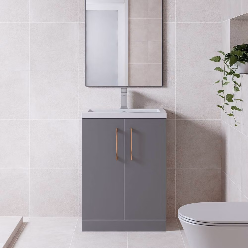 Balterley Modern Bathroom Vanity Basin Unit in Matt Satin Grey with Copper Handles, Width: 60 cm – 2