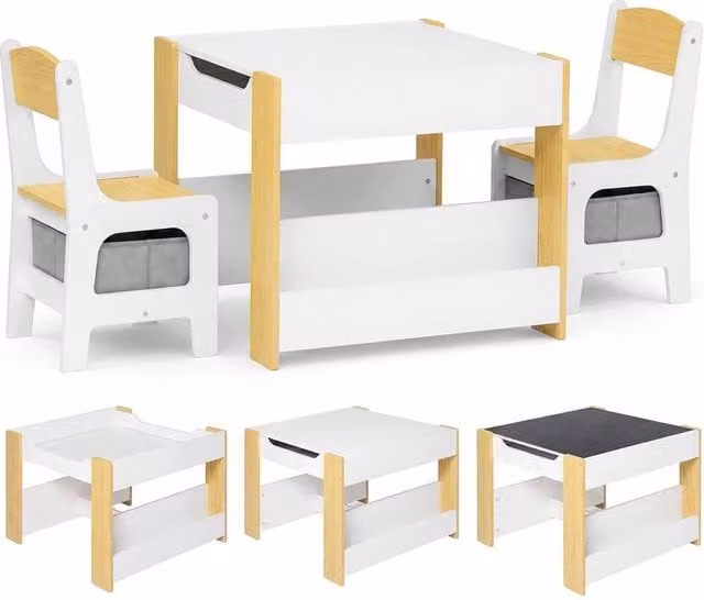 FORGEVIO White Childrens Table and Chairs Set with Flip Top Storage and Reversible Board
