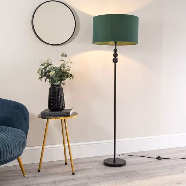 ValueLights Marissa Black Stacked Ball Floor Lamp with Bottle Green Fabric Drum Shade and LED Bulb – 1