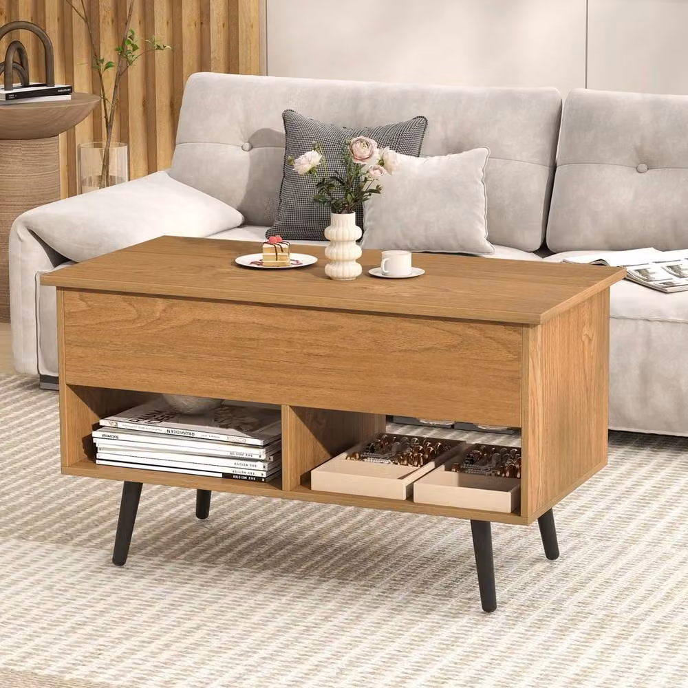 VOGREX Mid Century Modern Rectangular Lift Top Coffee Table with Shelves in Brown Wood – 3