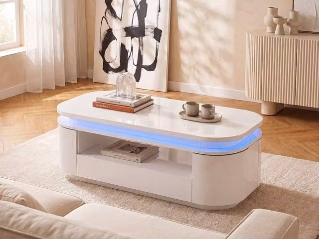 Vente-unique Modern White Lacquer Coffee Table with 4 Doors, 1 Drawer and LED Lighting, W/D/H: 120 x 60 x 42.5 cm – 1
