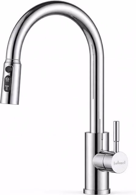 Appaso Chrome Kitchen Mixer Tap with Single Lever and Pull Out Spray Spout in Metallic Silver