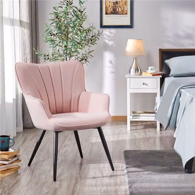 Yaheetech Mid-Century Modern Upholstered Armchair with Armrests in Pink Fabric and Mixed Wood and Metal Frame