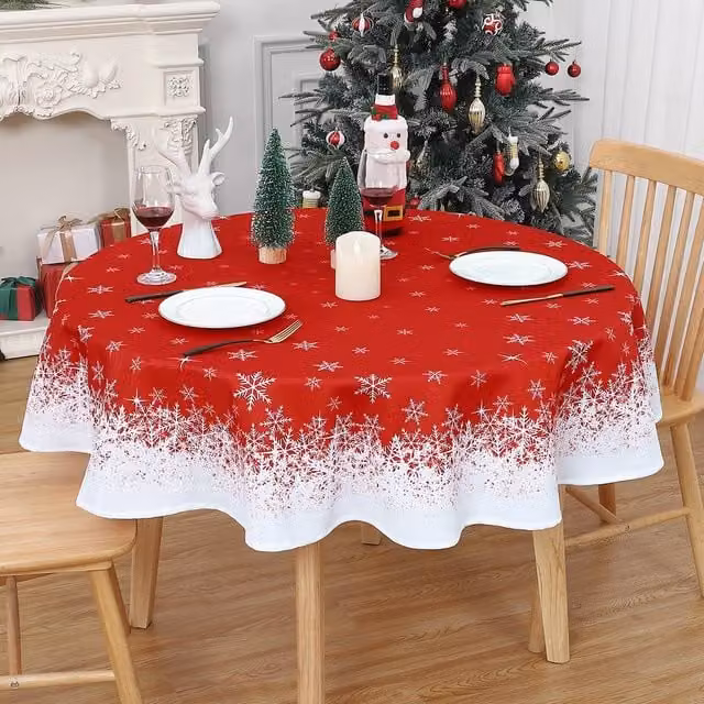London Boutique 2-Piece Snowflake Christmas Round Tablecloth Set in Red and White, Diameter: 152.4 cm – 1