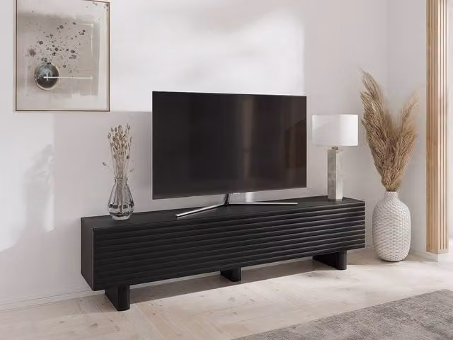 Vente-unique LUDIMA TV Unit with 2 Doors in Black MDF, W: 180 cm, H: 46.1 cm, D: 36.8 cm