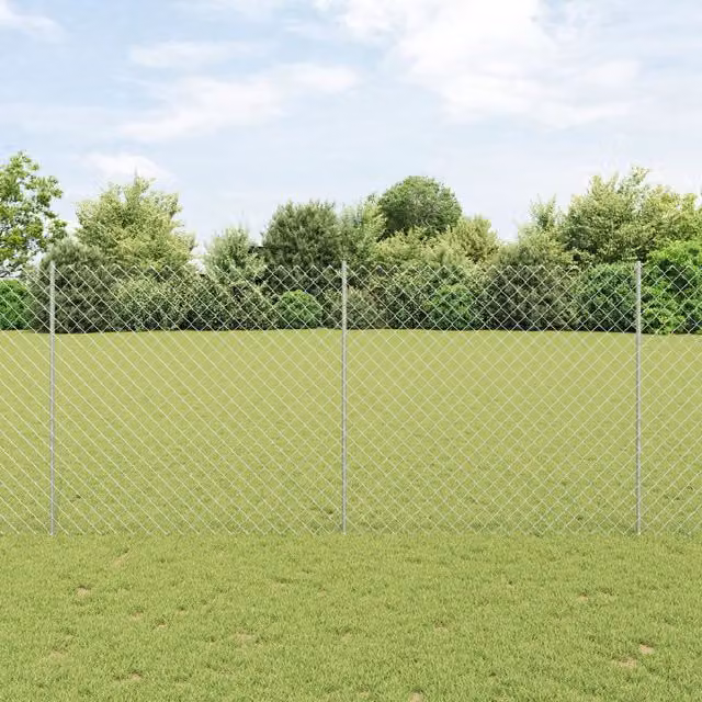 Berkfield Home Silver Galvanised Steel Chain Link Fence with 20 U-Profile In-Ground Posts, W: 10 m, H: 1.4 m