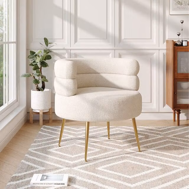 Komore White Bouclé Tub Accent Chair with Armrests and Mixed Material Frame