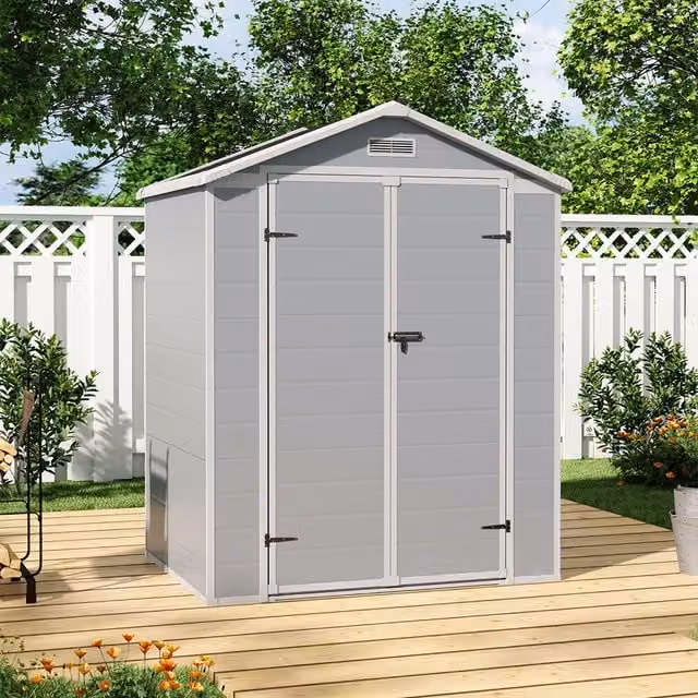 Lifeideas Grey and Black Plastic Tool Storage Shed with Gable Roof, Window and Lock, Height: 182 cm