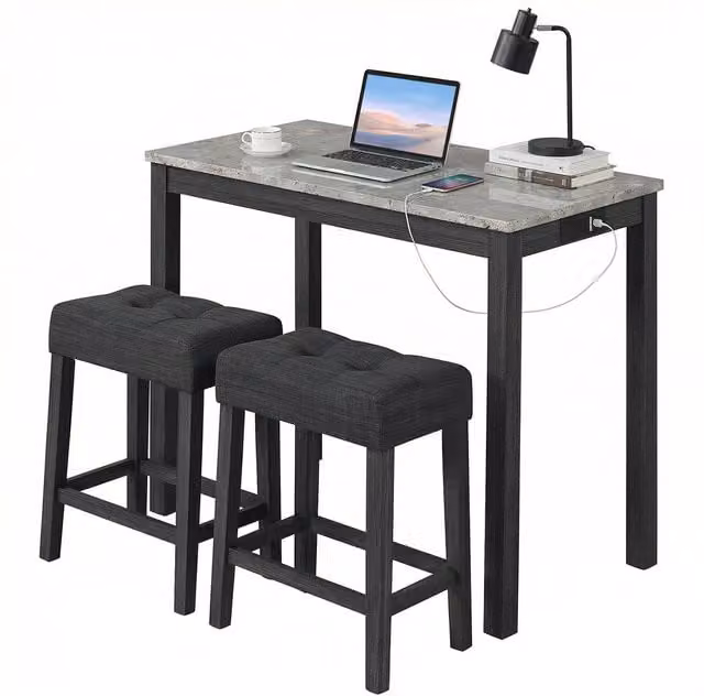 COSTWAY 3-Piece Modern Bar Table Set with Charging Station and Marble Top in Grey