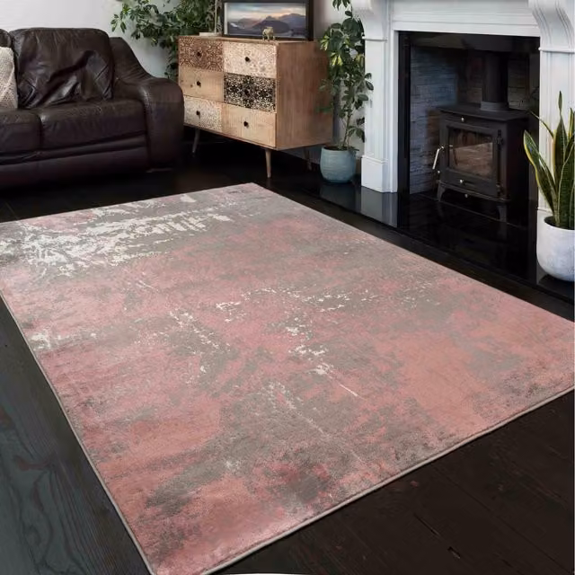 The Rug House Blush Pink and Grey Abstract Modern Area Rug, W: 150 cm, D: 80 cm