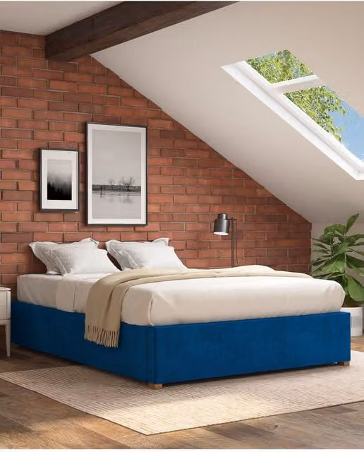 Aspire Upholstered Platform Ottoman Bed Frame in Navy Blue Plush Velvet, W/D/H: 120 x 200 cm