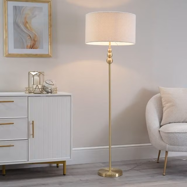 ValueLights Marissa Brushed Gold Floor Lamp with Beige Boucle Shade and Bulb