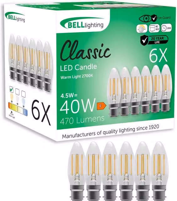 BELL Lighting B22 Bayonet Dimmable LED Filament Candle Light Bulbs, 4.5W, 2700K Warm White, Transparent Glass, Pack of 6