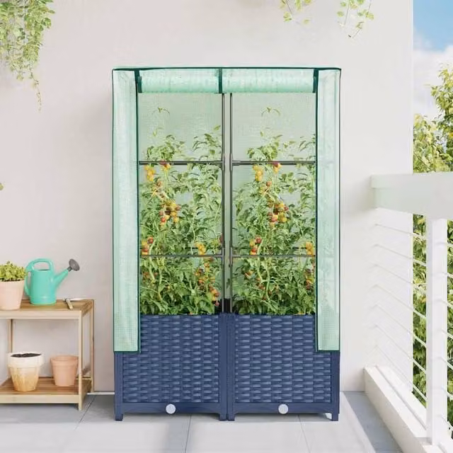 Berkfield Home Raised Bed with Greenhouse Cover in Navy Rattan Look, W: 80 cm, D: 40 cm, H: 138 cm