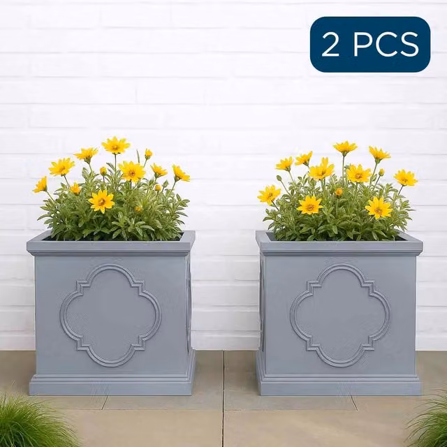 IDEALIST Set of 2 Grey Reinforced Stone Square Garden Planters, 45 cm Tub with 91 l Capacity