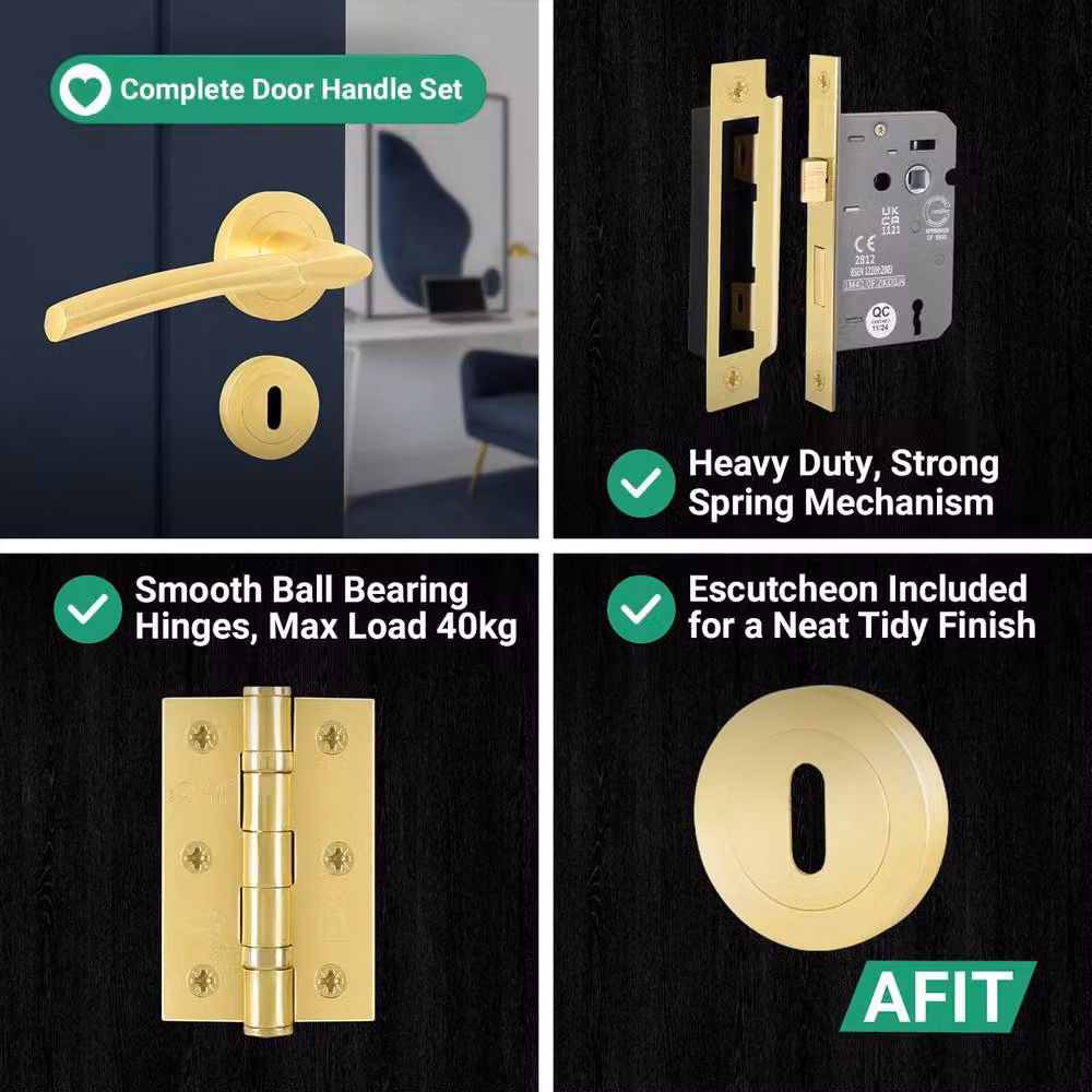 AFIT Gold Brass Rose Key Lock Kit with Lever Handles and Hinges – 5