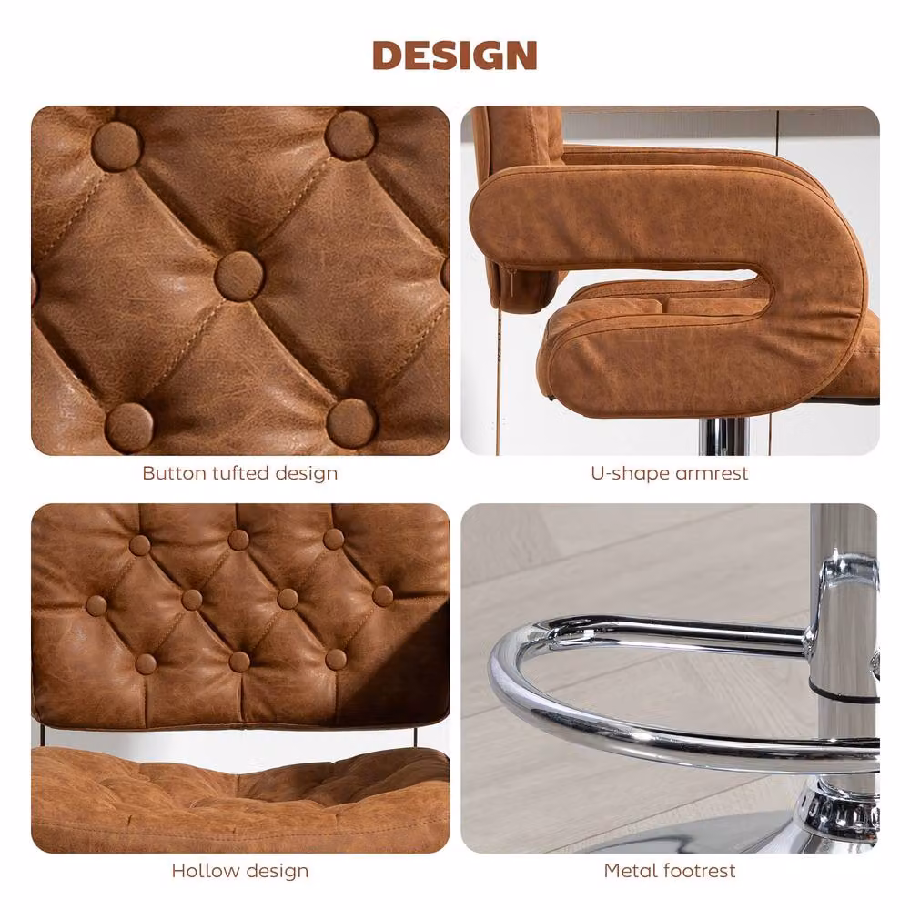 ERGOVEXA Luxe PU Leather Swivel Bar Stool with Armrests in Brown – 6