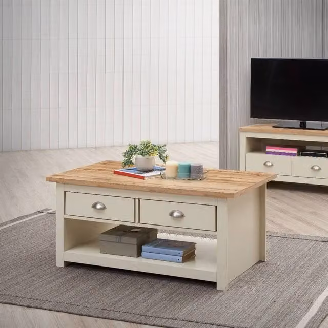 Timber Art Design Lisbon 2 Drawer Coffee Table in Beige Oak Wood, W: 105 cm, D: 60 cm, H: 50 cm