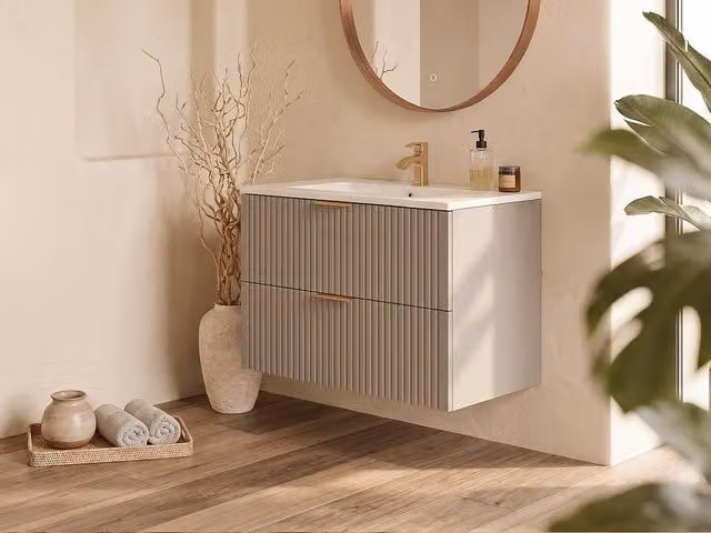 Vente-unique Wall-Hung Ribbed Bathroom Vanity Unit with Inset Basin, Beige and White, W: 80 cm, D: 46 cm, H: 57 cm – 1