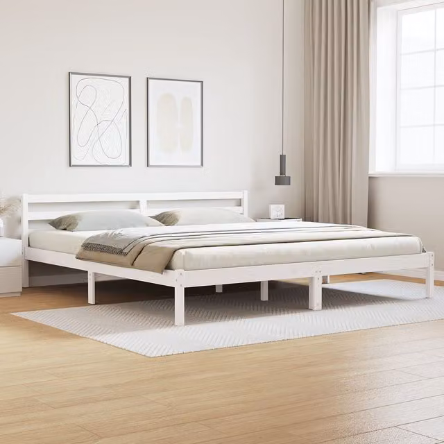 Berkfield Home White Solid Pine Wood Bed Frame with Headboard W/D/H: 200 x 200 x 69.5 cm