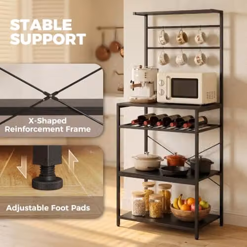 HOMCOM Freestanding Kitchen Baker's Rack with Wine Rack and Integrated Lighting, Black, W/D/H: 59 x 40 x 143.5 cm – 4