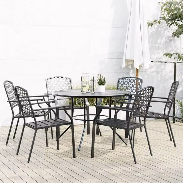 Berkfield Home 7 Piece Stackable Garden Chair Set in Anthracite Powder-coated Steel – 1