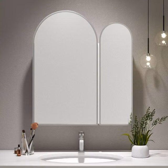 KEEPREAPER Modern Wall Mounted Silver Bathroom Cabinet with Mirror and Glass Hinged Doors