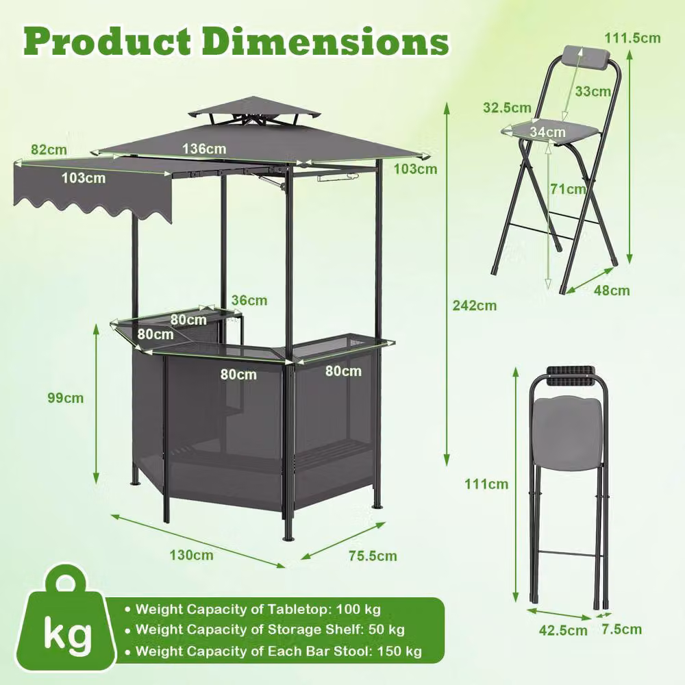 Gymax Outdoor Bar Set Including Grill Gazebo, Bar Table and 2 Folding Bar Stools in Grey – 2