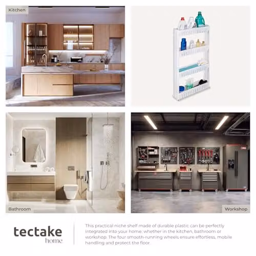 tectake 4-Tier Slim Slide Out Storage Trolley on Wheels in White Plastic with Adjustable Shelves – 3