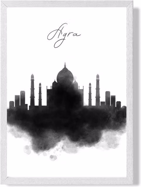ARTZE Agra Watercolour Skyline City Framed Print, Black and White, A4 – 1