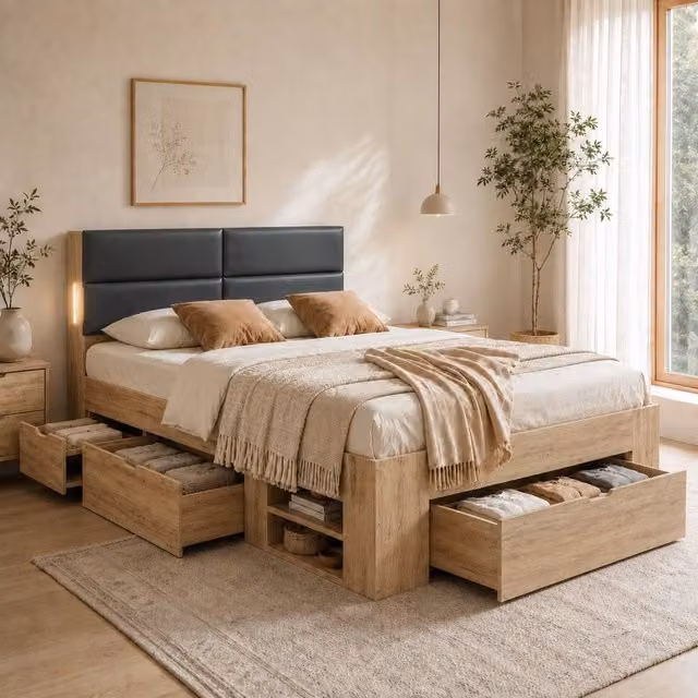 Rolipo 4FT6 Double Bed Frame with Storage and LED Lighting in Natural Oak Effect, W/D/H: 140 x 200 cm
