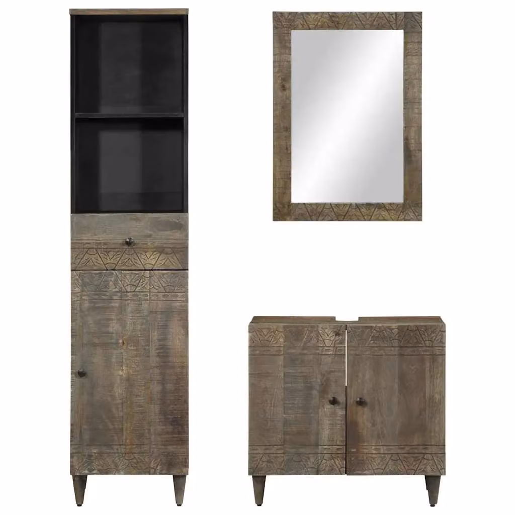 Berkfield Home 3 Piece Black Mango Wood Bathroom Furniture Set with Vanity Unit, Mirror Cabinet and Wall Cabinet – 2