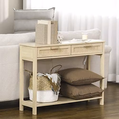 HOMCOM Boho Natural and Beige Console Table with Storage Shelf and Drawer for Hallway, Living Room or Bedroom, W: 100 cm, D: 30 cm, H: 76 cm – 2