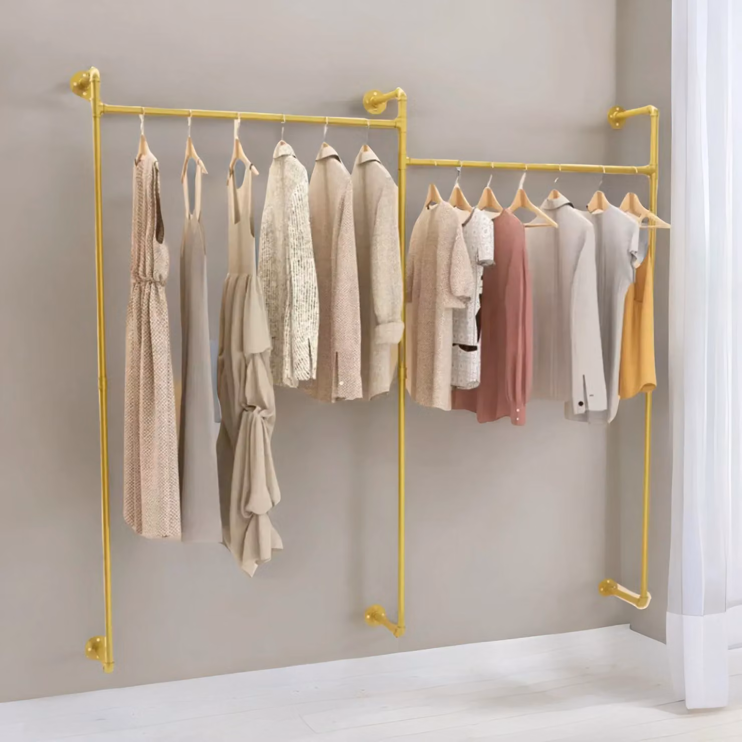 Pirlo Plush Industrial Heavy Duty Metal Pipe Wall-Mounted Floating Shelf with Hanging Rails in Gold and Black – 1
