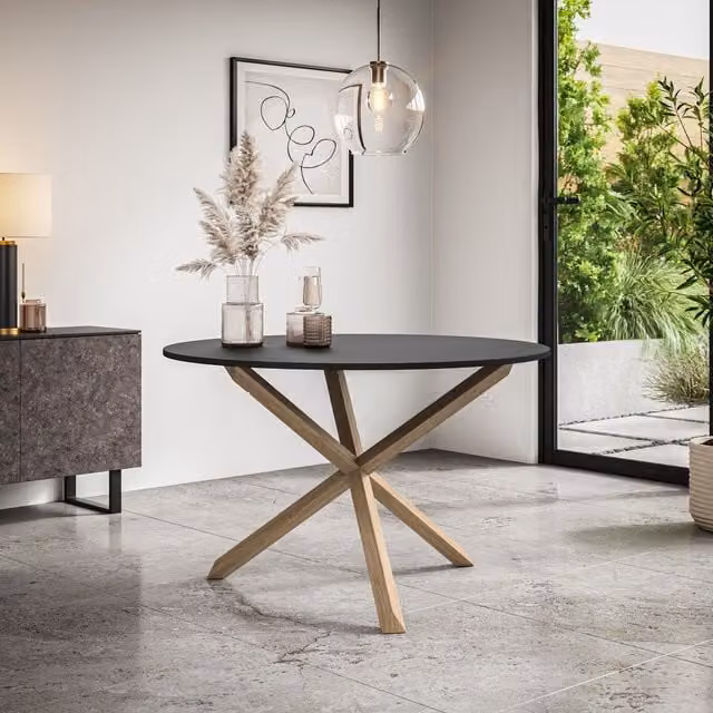 More4Homes Malvern Round Glass Dining Table with Solid Oak Legs, Black, Diameter: 120 cm, Height: 75 cm – 1