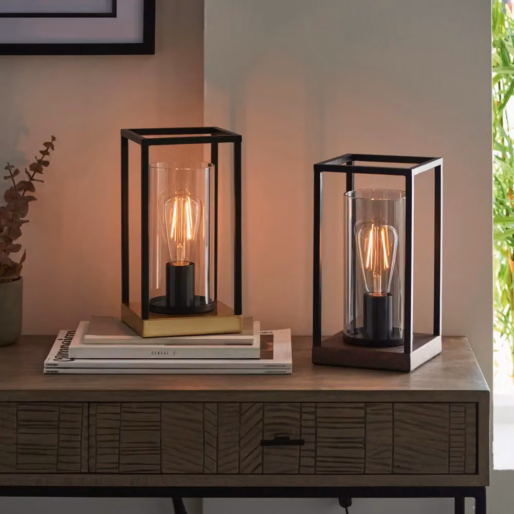 Loops 2 Pack Matt Black Framed Table Lamps with Glass Shades and Bronze Patina Base – 4