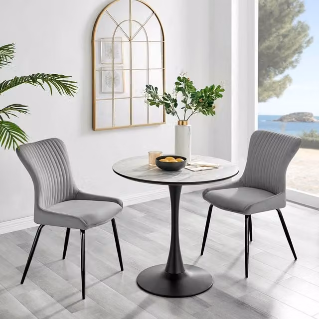 FurnitureboxUK Elina White Marble Effect Round Dining Table and 2 Nora Velvet Chairs in Light Grey with Black Legs – 1