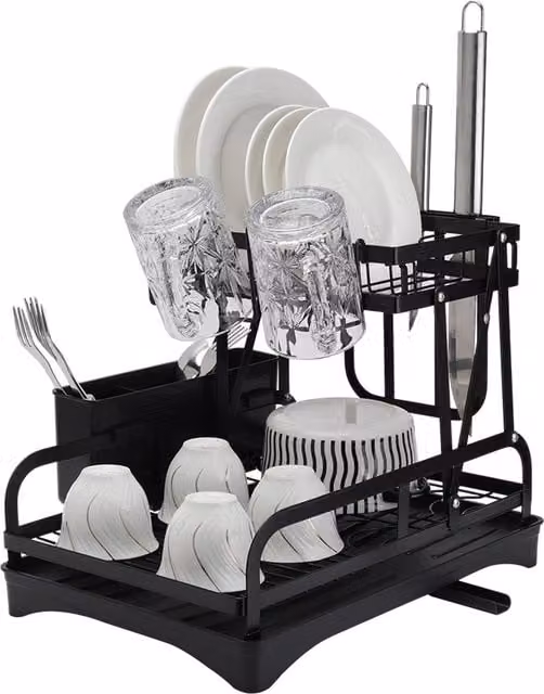 Livingandhome 2-Tier Black Coated Steel Dish Drainer with Drip Tray, Cup Holder and Cutlery Holder