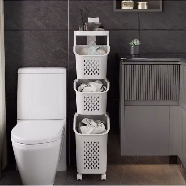 H&O Direct 3-Tier Plastic Laundry Basket Storage Rack with Casters, White – 1