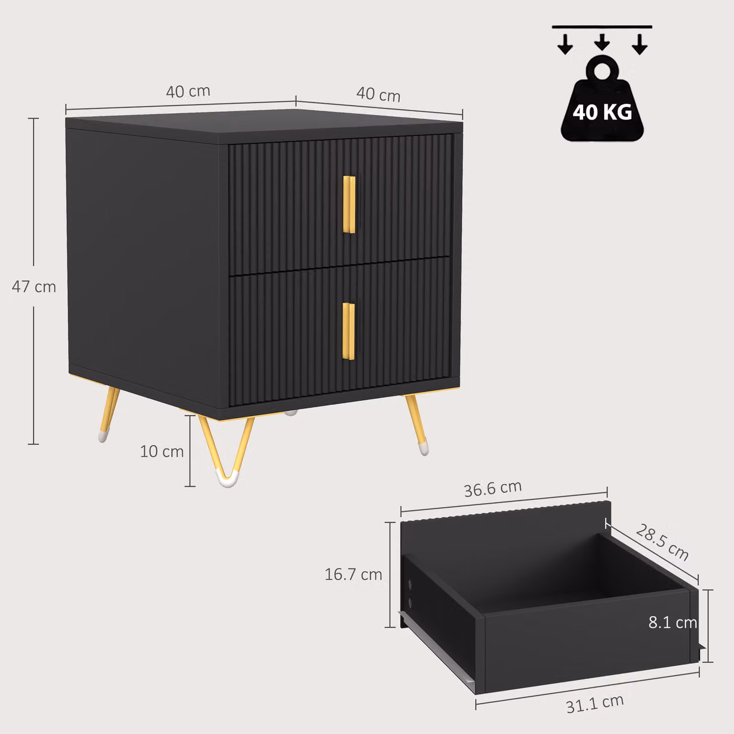 HOMCOM Elegant Fluted Bedside Table in Black and Gold-Tone with Drawers – 3
