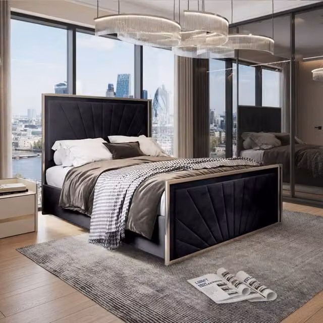 KDMD Waddington Super King Upholstered Velvet Designer Bed Frame with Black Metal Details, 200 x 200 cm