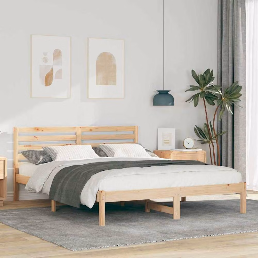Berkfield Home Solid Pine Wood Bed with Headboard in Brown and Beige, W/D/H: 160 x 200 x 80.5 cm – 2