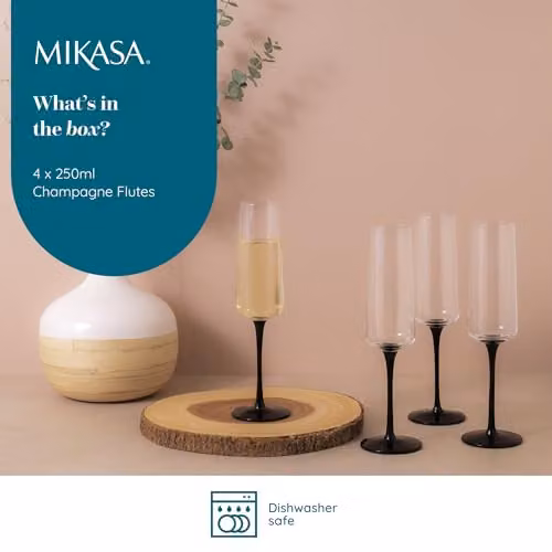 Mikasa Palermo Lead-Free Crystal Champagne Flute Set of 4, 250ml, Transparent with Black Stems – 2