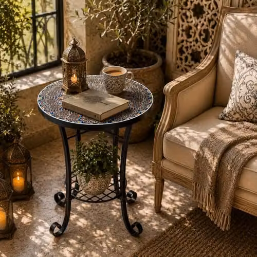 SHATCHI Cairo Mosaic Side Table and Plant Stand with Shelf, Multicolour, W/D/H: 35 x 35 x 54 cm – 7