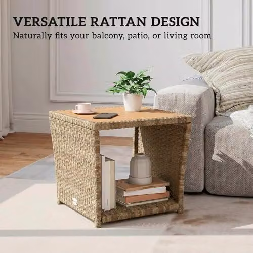 Outsunny 2-Tier PE Rattan Side Table with Storage Shelf, Beige – 6