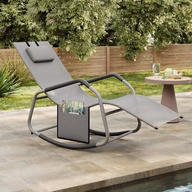 The Bazaarist Outdoor Rocking Chair with Adjustable Headrest in Grey