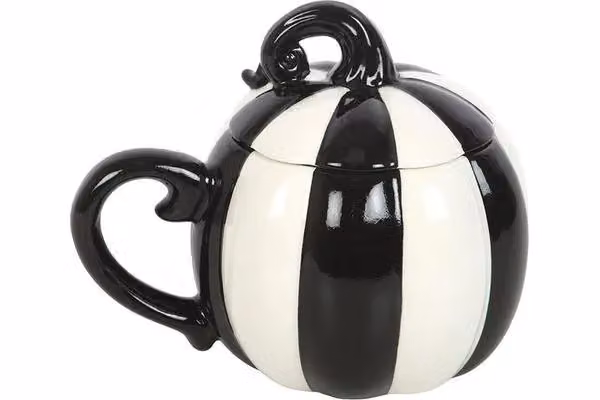 KDMD Black and White Striped Ceramic Pumpkin Lidded Mug – 2