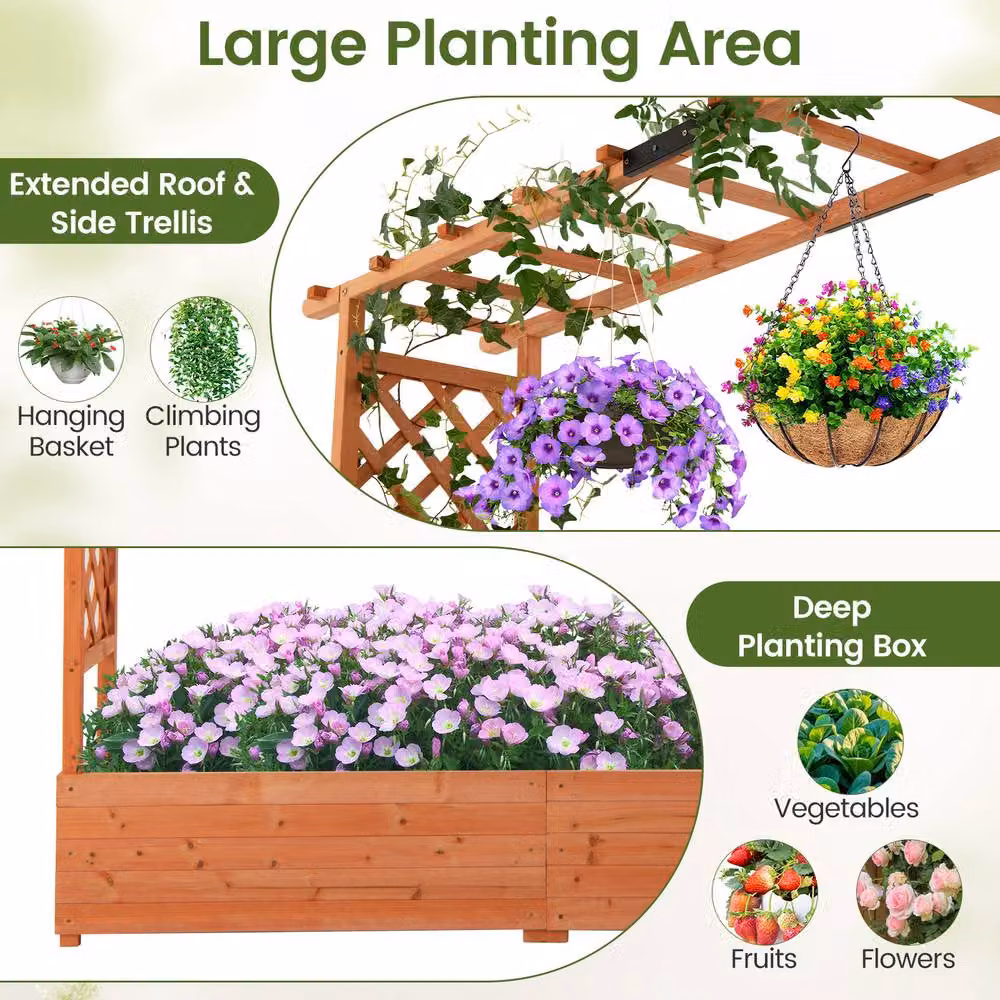 Costway Wooden Raised Garden Bed Planter Box with Trellis in Brown, W/D/H: 182.0 x 174.0 x 41.0 cm – 5