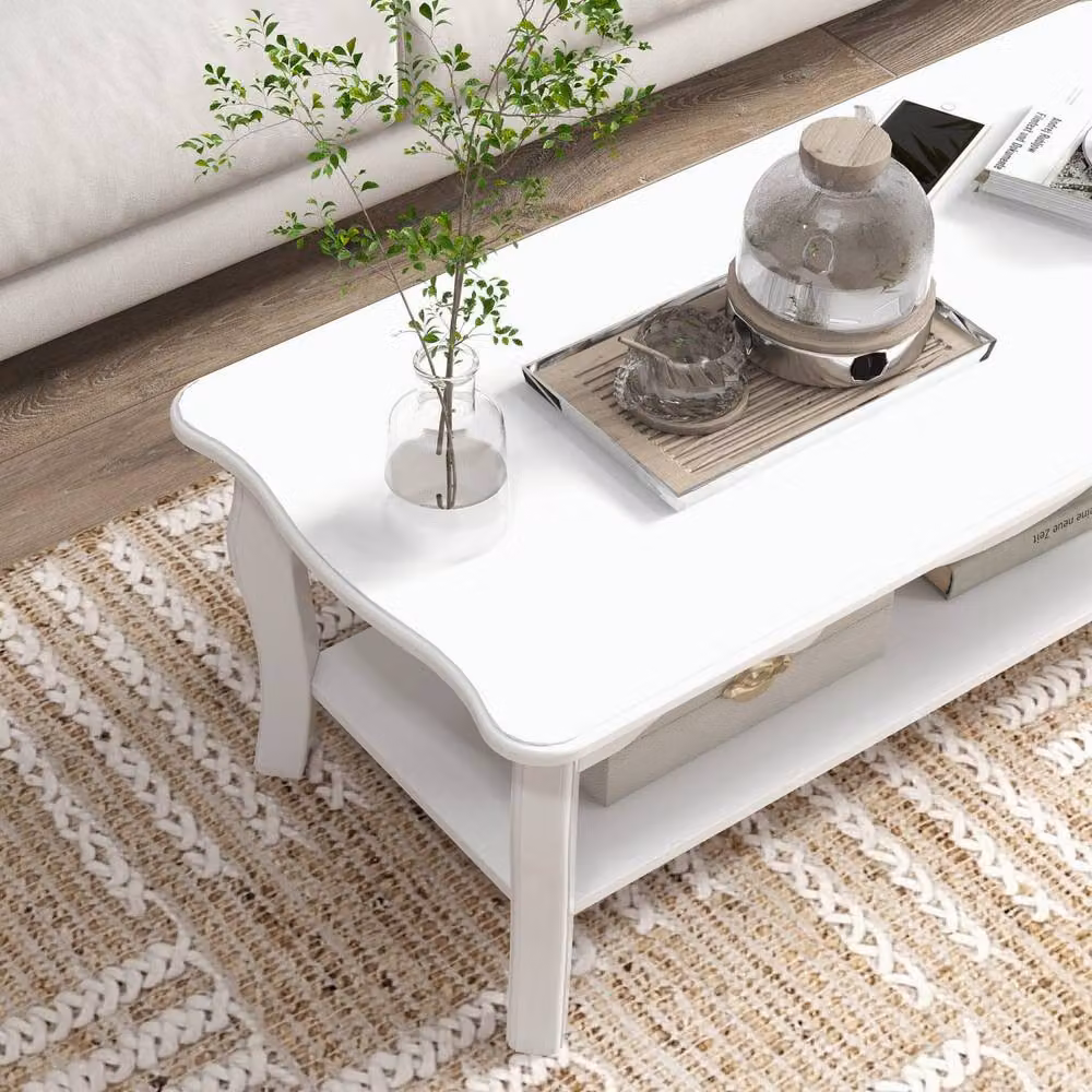 Wyld Haus Noketa White Rectangular Mid Century Coffee Table with Storage Shelf – 4