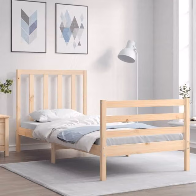 Berkfield Home Small Single Solid Wood Bed Frame with Headboard in Brown Rustic Pine
